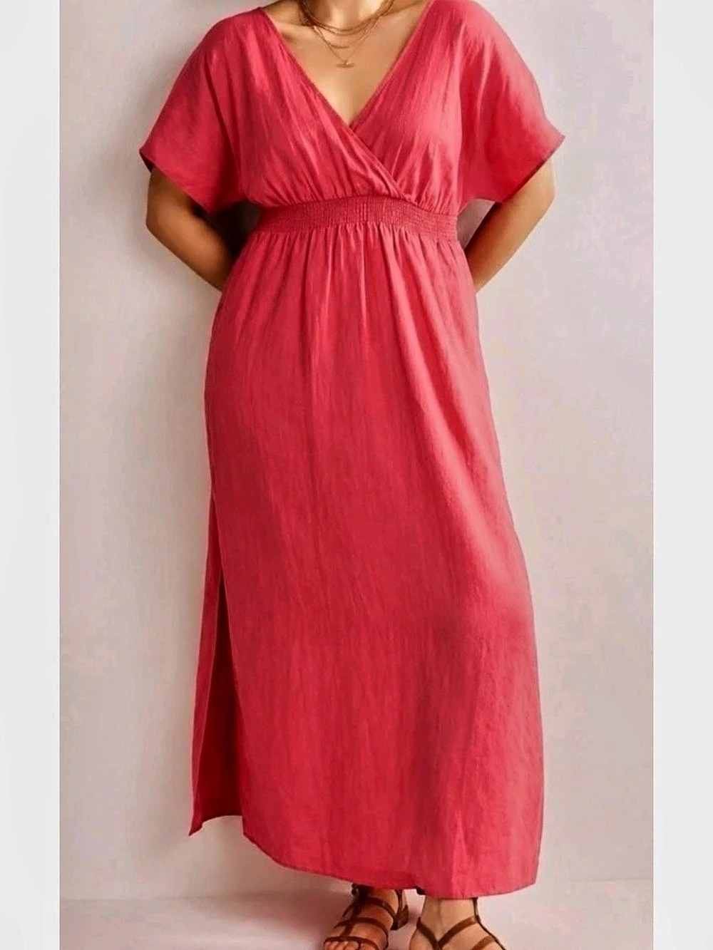 BODEN • NWT linen kaftan maxi dress in pink Size 6 v-neck D0653